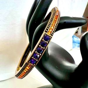HEIDI DAUS Antiqued Gold Tone Hinged Bangle Amethyst Tangerine Colored Crystals